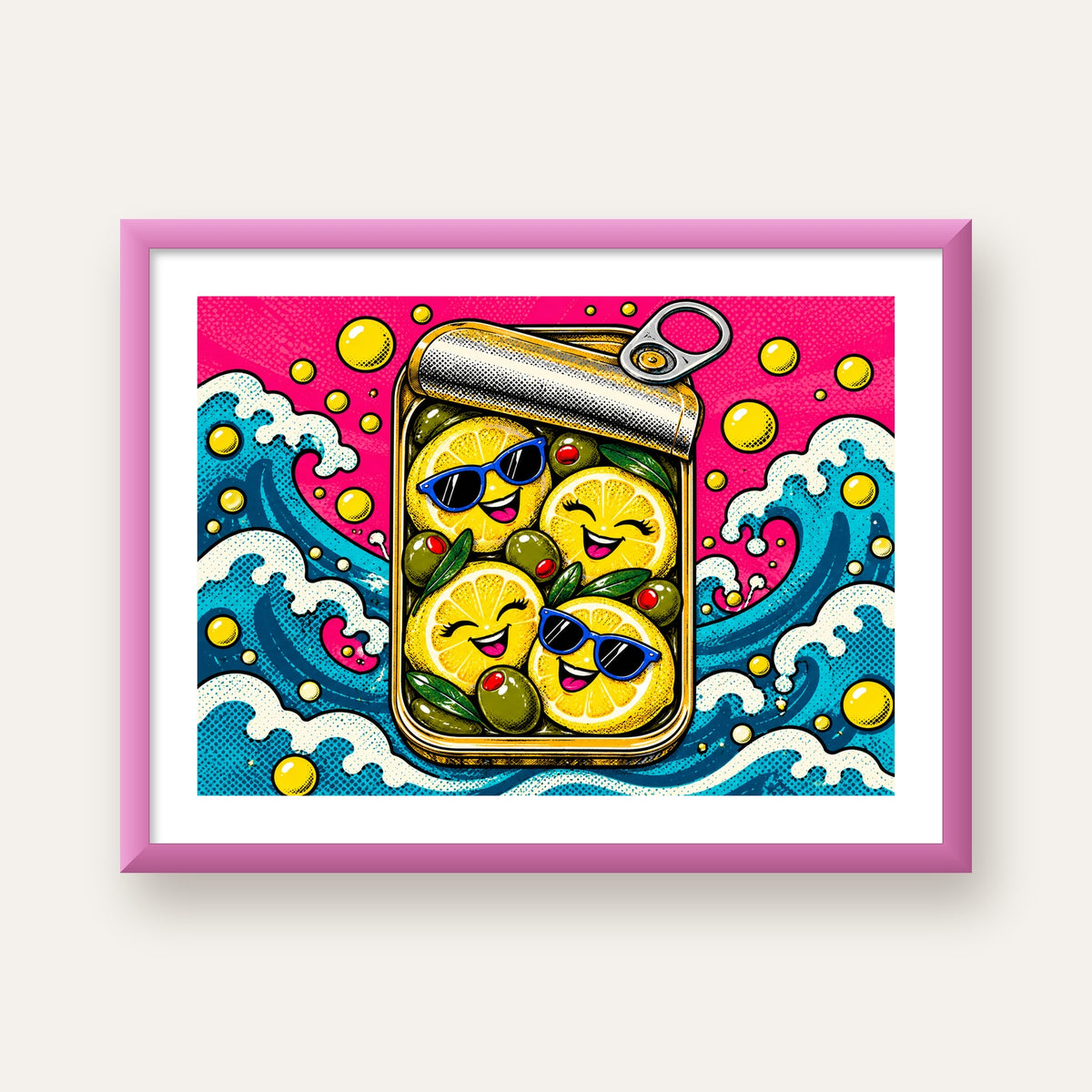 Limon ve Zeytinli Neşeli Konserve Poster - Çizgi Roman Stil — pembe çerçeveli paspartulu