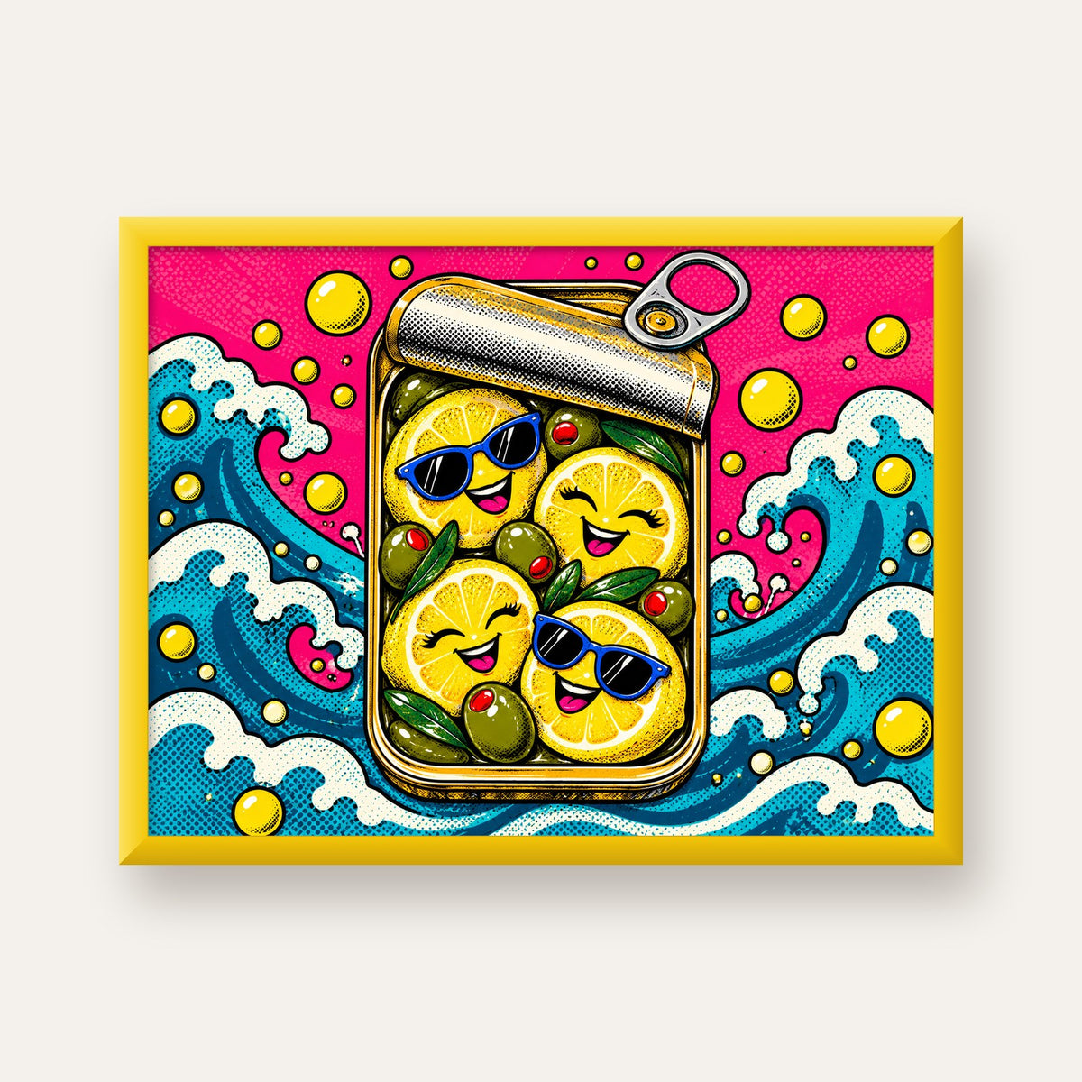 Limon ve Zeytinli Neşeli Konserve Poster - Çizgi Roman Stil — sarı çerçeveli