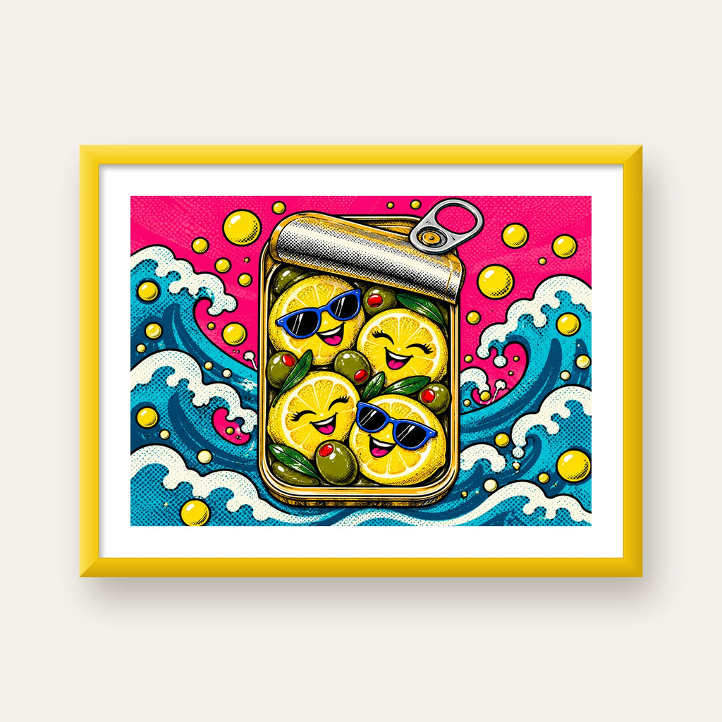 Limon ve Zeytinli Neşeli Konserve Poster - Çizgi Roman Stil — sarı çerçeveli paspartulu