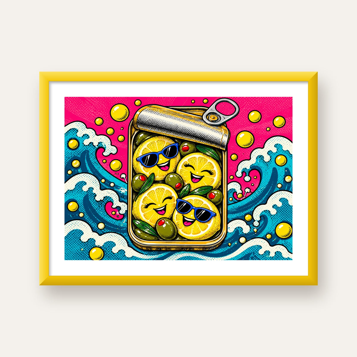 Limon ve Zeytinli Neşeli Konserve Poster - Çizgi Roman Stil — sarı çerçeveli paspartulu