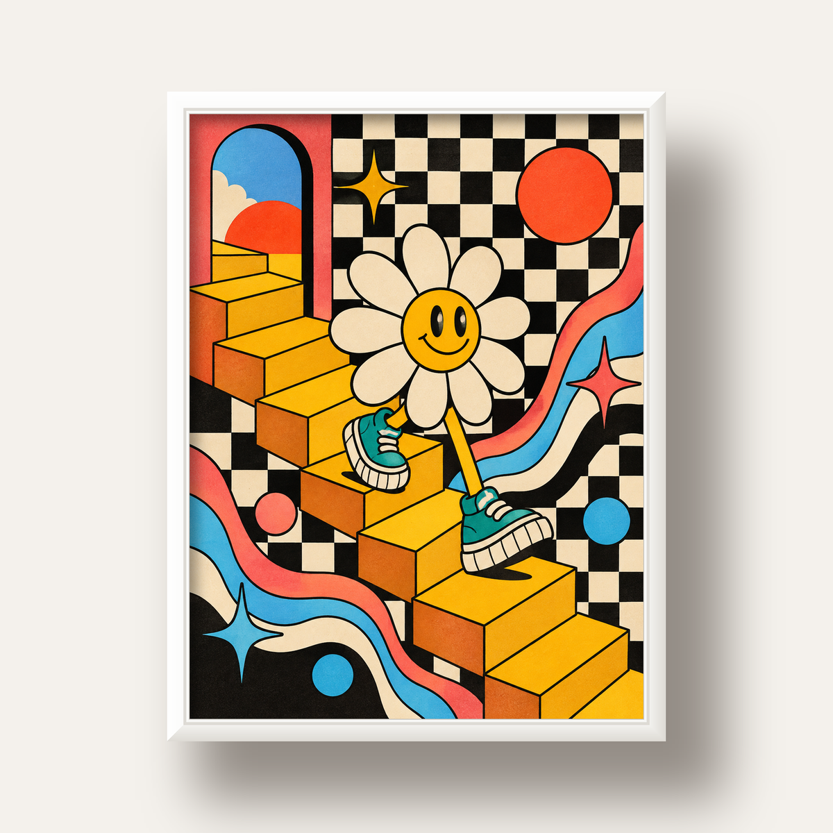 Retro Çizgi Stilde Sürreal Çiçekli Poster – Renkli Dijital Sanat — beyaz derin çerçeveli