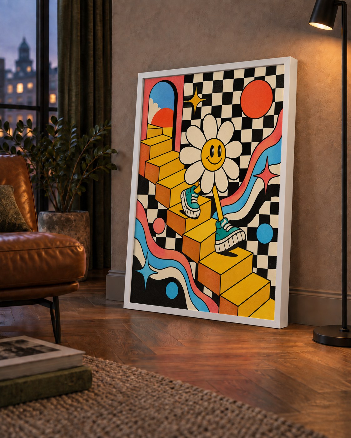 Retro Çizgi Stilde Sürreal Çiçekli Poster – Renkli Dijital Sanat — çerçeveli hâliyle bir ev duvarında