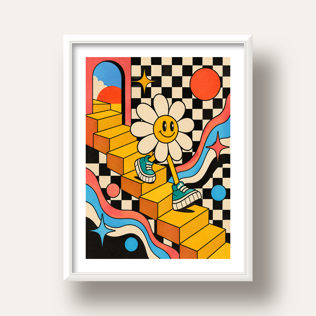 Retro Çizgi Stilde Sürreal Çiçekli Poster – Renkli Dijital Sanat — beyaz derin çerçeveli paspartulu