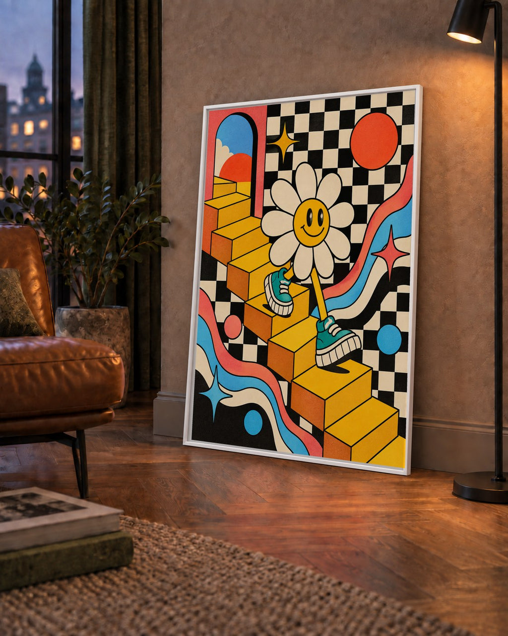 Retro Çizgi Stilde Sürreal Çiçekli Poster – Renkli Dijital Sanat — çerçeveli hâliyle bir ev duvarında