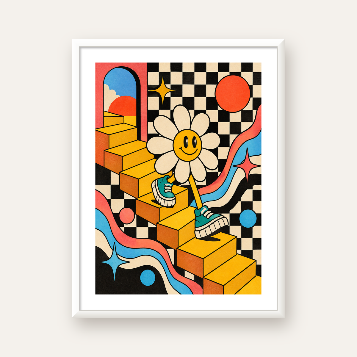 Retro Çizgi Stilde Sürreal Çiçekli Poster – Renkli Dijital Sanat — beyaz çerçeveli dikey poster
