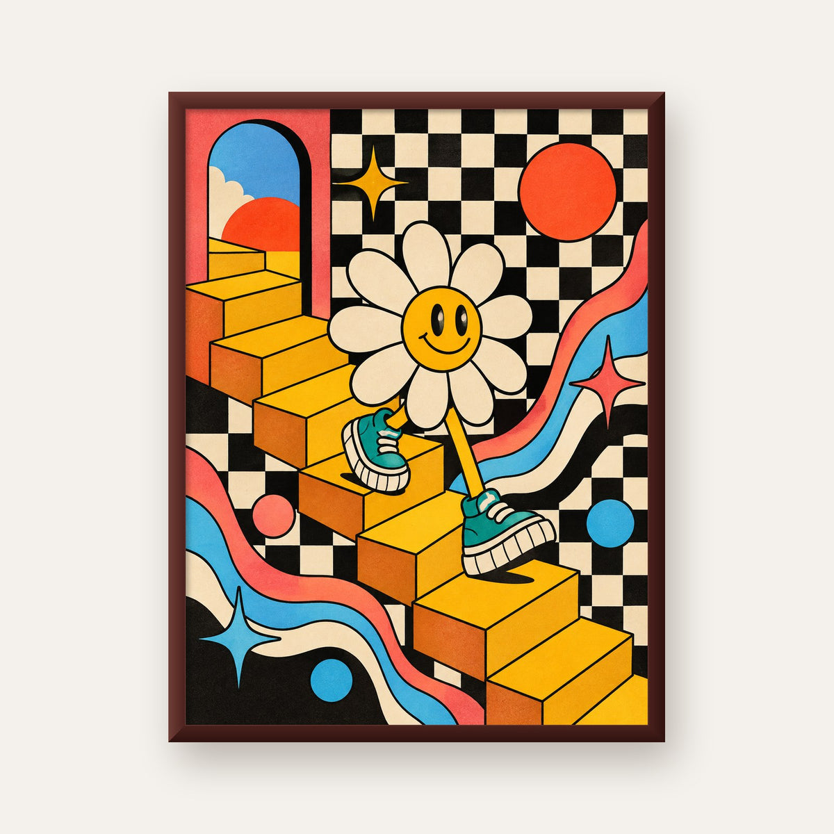 Retro Çizgi Stilde Sürreal Çiçekli Poster – Renkli Dijital Sanat — ceviz çerçeveli