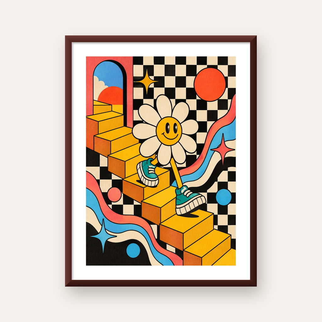 Retro Çizgi Stilde Sürreal Çiçekli Poster – Renkli Dijital Sanat — ceviz çerçeveli paspartulu