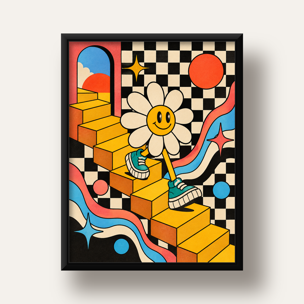 Retro Çizgi Stilde Sürreal Çiçekli Poster – Renkli Dijital Sanat — siyah derin çerçeveli