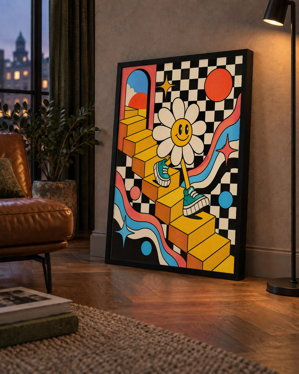 Retro Çizgi Stilde Sürreal Çiçekli Poster – Renkli Dijital Sanat — çerçeveli hâliyle bir ev duvarında