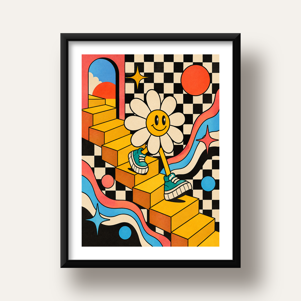 Retro Çizgi Stilde Sürreal Çiçekli Poster – Renkli Dijital Sanat — siyah derin çerçeveli paspartulu