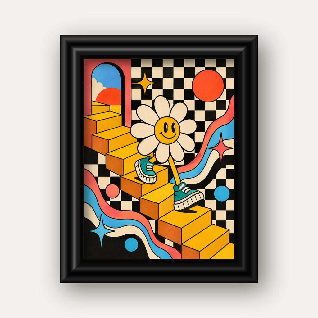 Retro Çizgi Stilde Sürreal Çiçekli Poster – Renkli Dijital Sanat — siyah galeri çerçeveli
