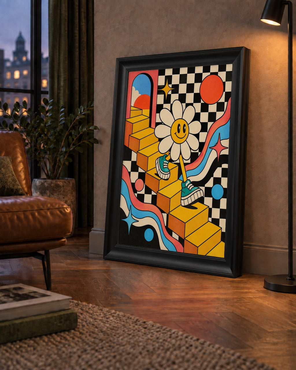 Retro Çizgi Stilde Sürreal Çiçekli Poster – Renkli Dijital Sanat — çerçeveli hâliyle bir ev duvarında