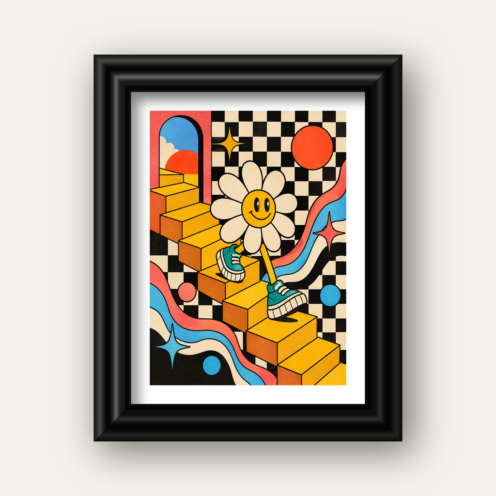 Retro Çizgi Stilde Sürreal Çiçekli Poster – Renkli Dijital Sanat — siyah galeri çerçeveli paspartulu