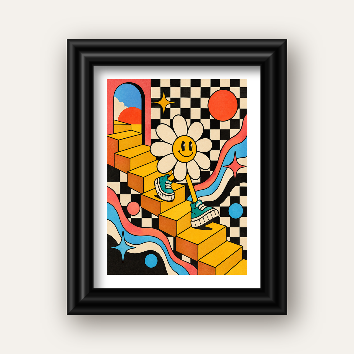 Retro Çizgi Stilde Sürreal Çiçekli Poster – Renkli Dijital Sanat — siyah galeri çerçeveli paspartulu