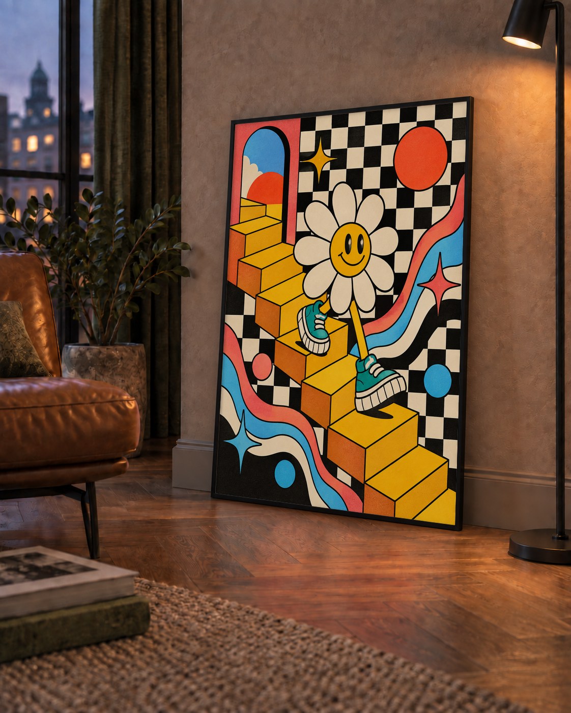 Retro Çizgi Stilde Sürreal Çiçekli Poster – Renkli Dijital Sanat — çerçeveli hâliyle bir ev duvarında