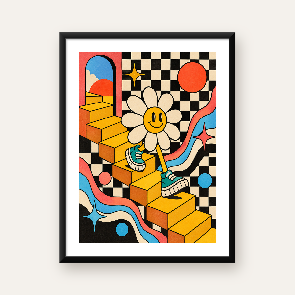 Retro Çizgi Stilde Sürreal Çiçekli Poster – Renkli Dijital Sanat — Dikey baskı, beyaz paspartulu