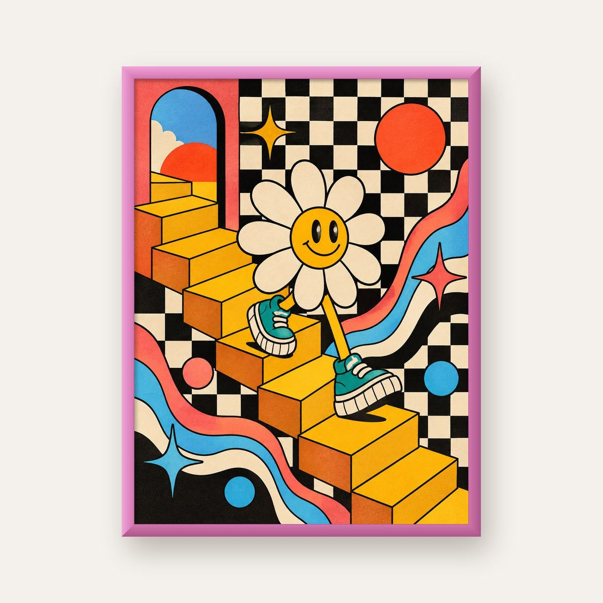 Retro Çizgi Stilde Sürreal Çiçekli Poster – Renkli Dijital Sanat — pembe çerçeveli