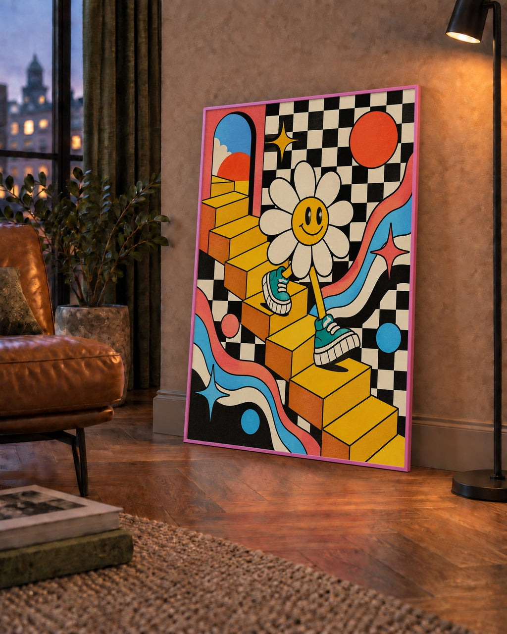 Retro Çizgi Stilde Sürreal Çiçekli Poster – Renkli Dijital Sanat — çerçeveli hâliyle bir ev duvarında