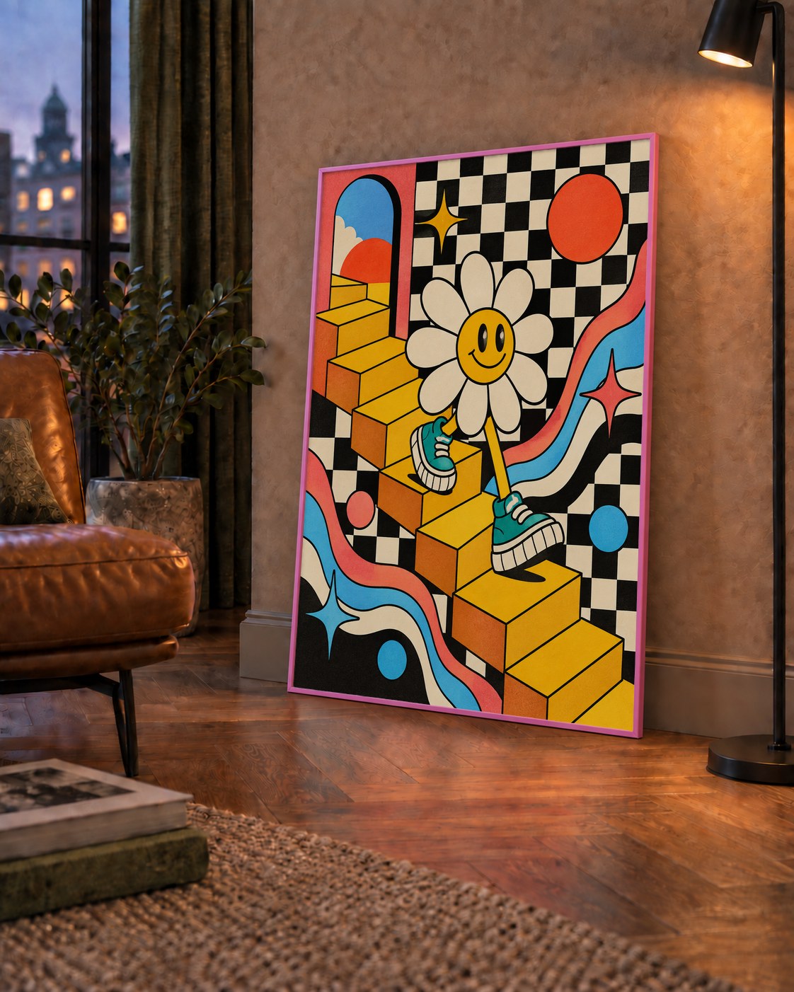 Retro Çizgi Stilde Sürreal Çiçekli Poster – Renkli Dijital Sanat — çerçeveli hâliyle bir ev duvarında