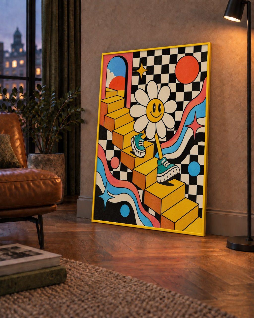 Retro Çizgi Stilde Sürreal Çiçekli Poster – Renkli Dijital Sanat — çerçeveli hâliyle bir ev duvarında