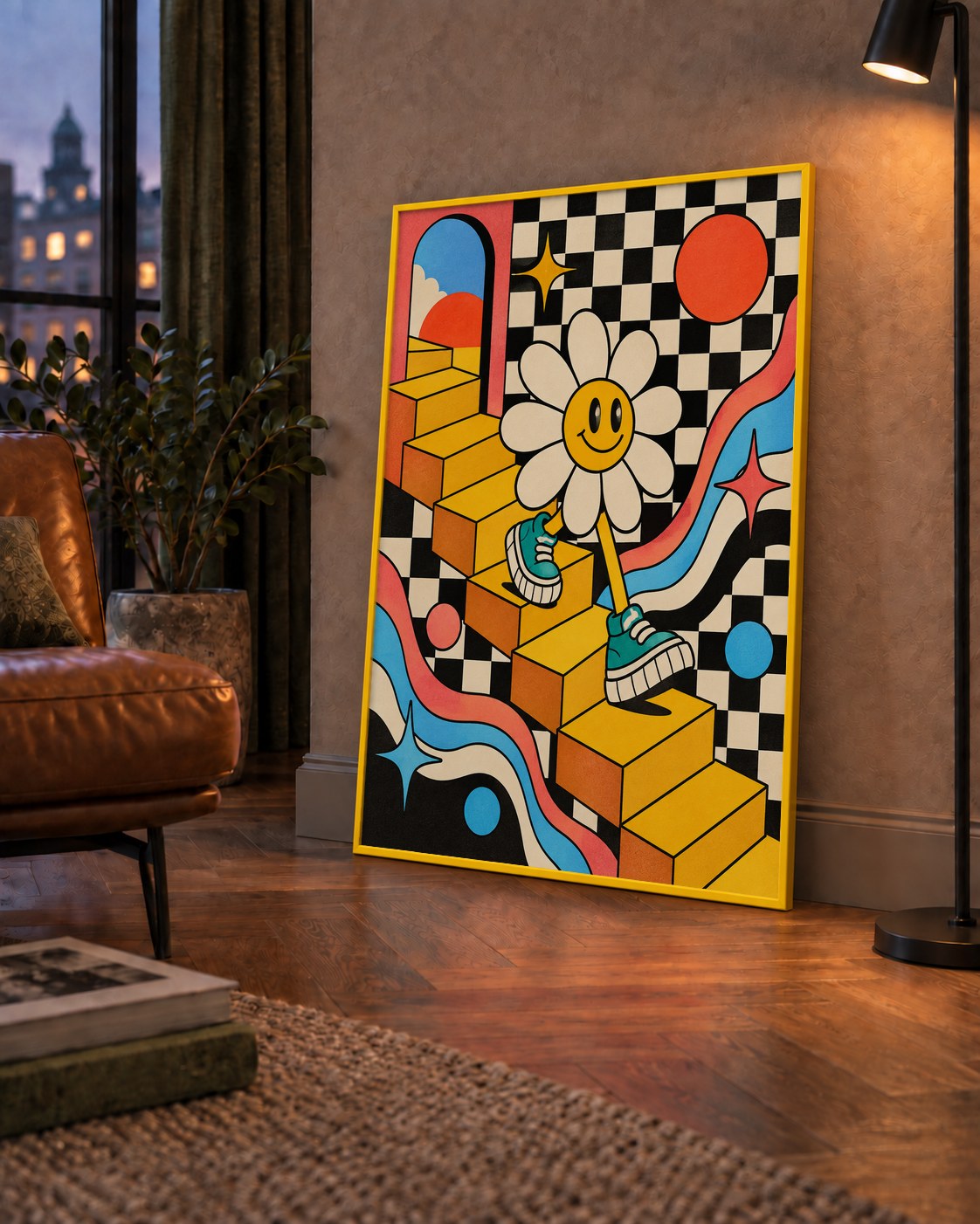 Retro Çizgi Stilde Sürreal Çiçekli Poster – Renkli Dijital Sanat — çerçeveli hâliyle bir ev duvarında