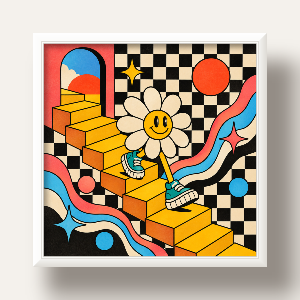 Retro Çizgi Stilde Sürreal Çiçekli Poster – Renkli Dijital Sanat — beyaz derin çerçeveli