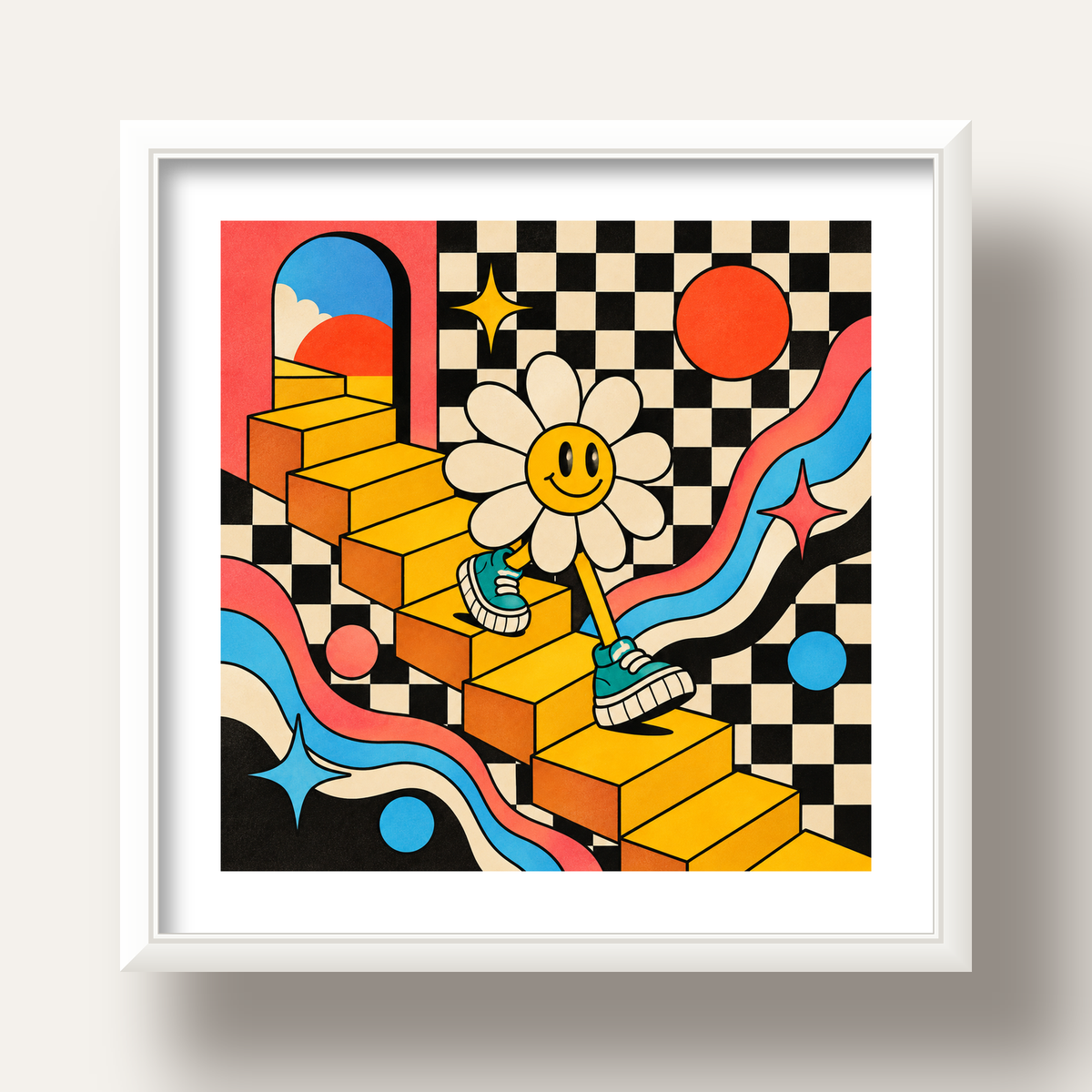 Retro Çizgi Stilde Sürreal Çiçekli Poster – Renkli Dijital Sanat — beyaz derin çerçeveli paspartulu