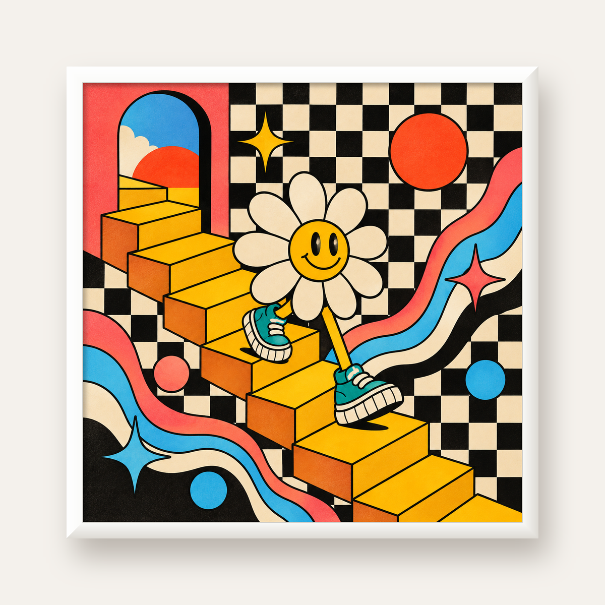 Retro Çizgi Stilde Sürreal Çiçekli Poster – Renkli Dijital Sanat — beyaz çerçeveli kare poster