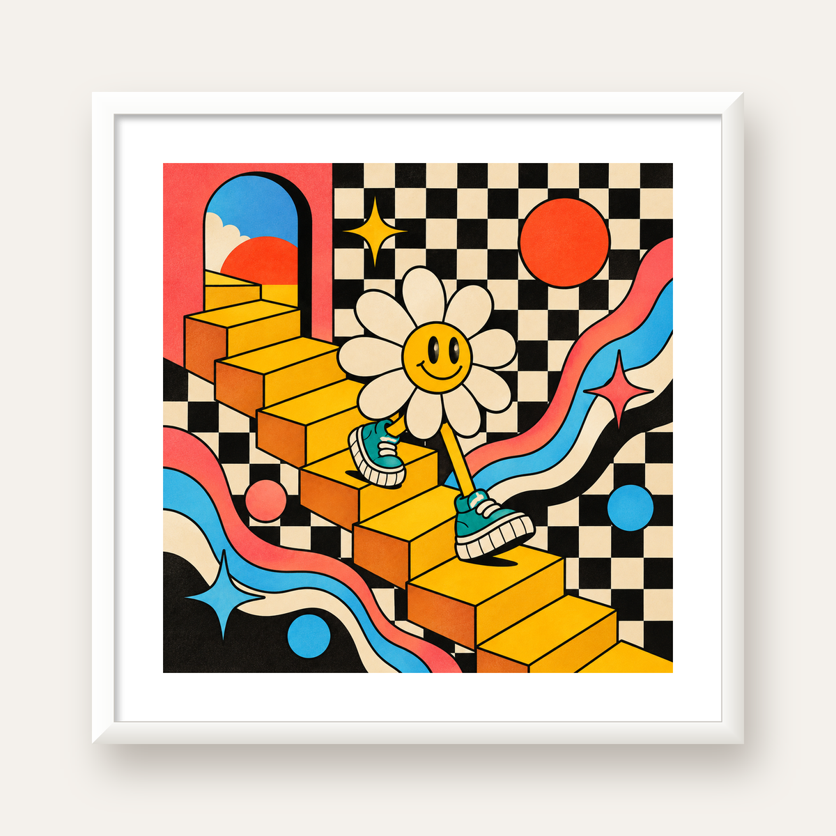 Retro Çizgi Stilde Sürreal Çiçekli Poster – Renkli Dijital Sanat — beyaz çerçeveli kare poster