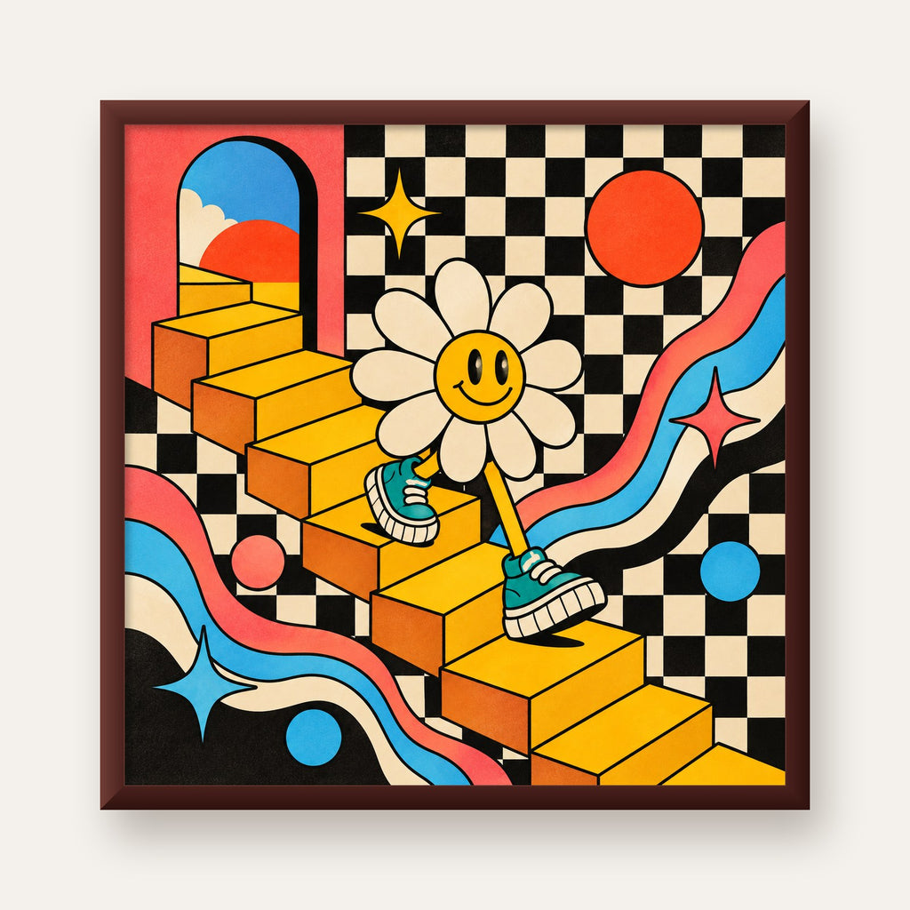 Retro Çizgi Stilde Sürreal Çiçekli Poster – Renkli Dijital Sanat — ceviz çerçeveli