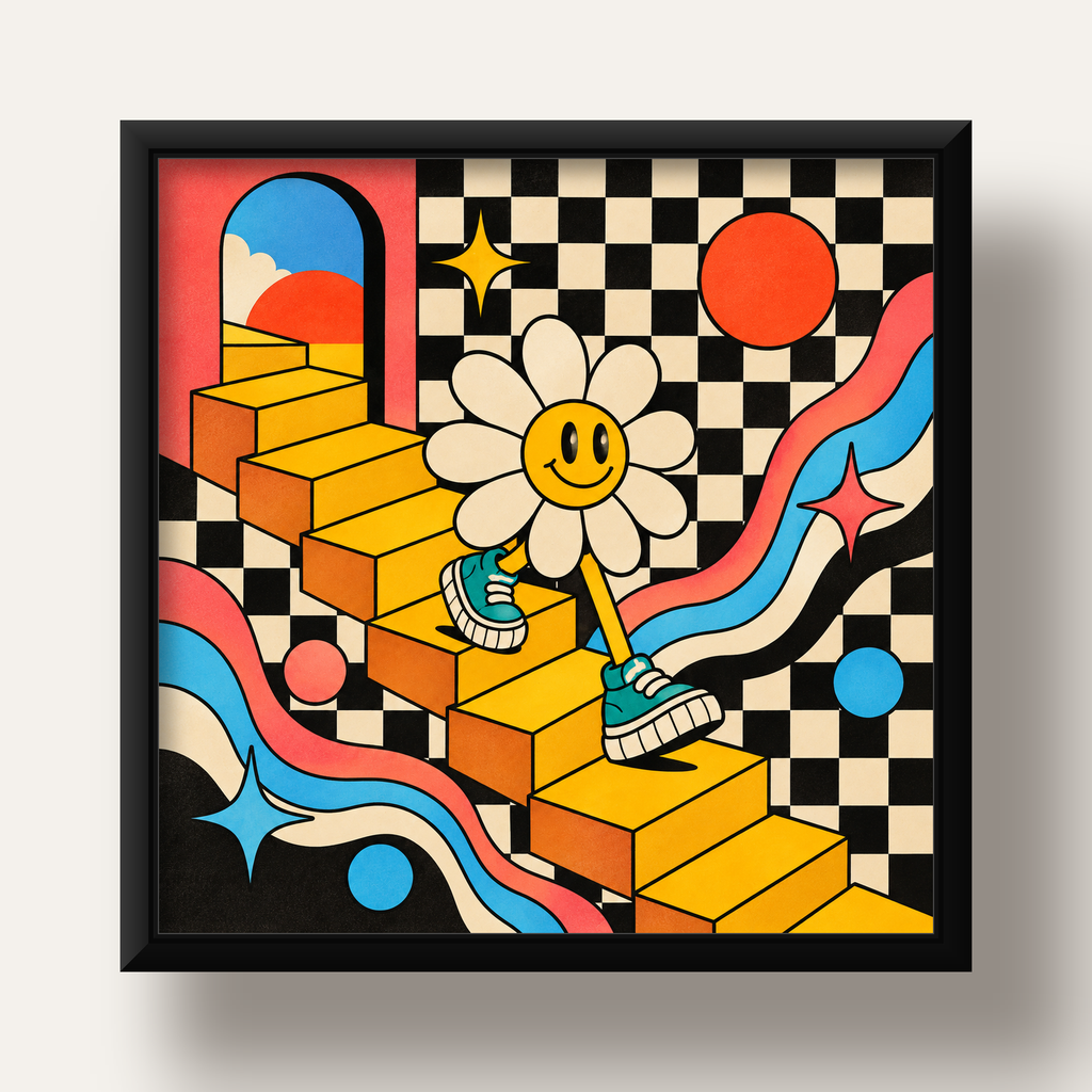 Retro Çizgi Stilde Sürreal Çiçekli Poster – Renkli Dijital Sanat — siyah derin çerçeveli