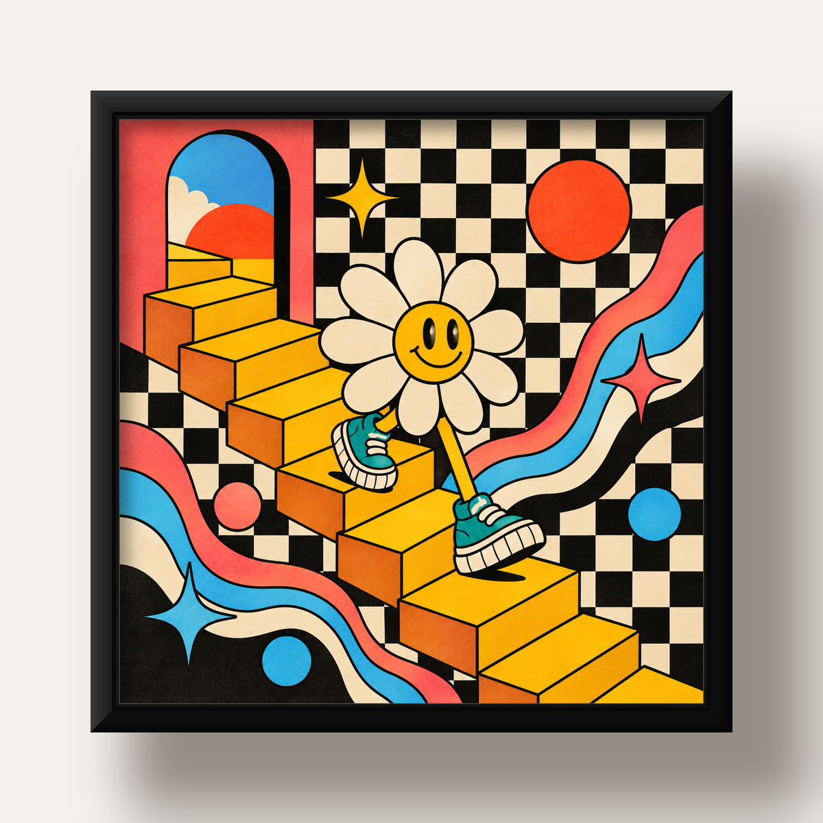 Retro Çizgi Stilde Sürreal Çiçekli Poster – Renkli Dijital Sanat — siyah derin çerçeveli