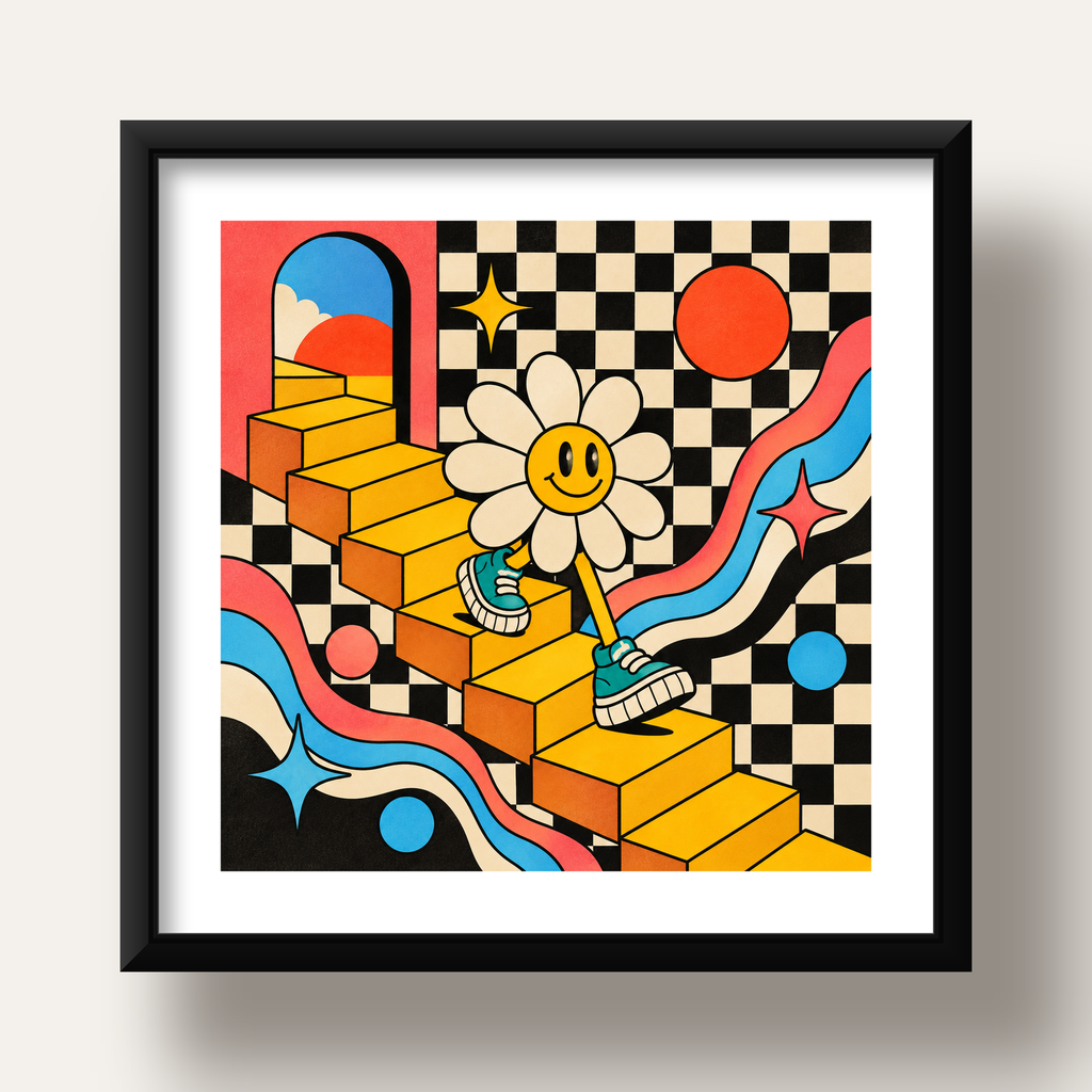 Retro Çizgi Stilde Sürreal Çiçekli Poster – Renkli Dijital Sanat — siyah derin çerçeveli paspartulu
