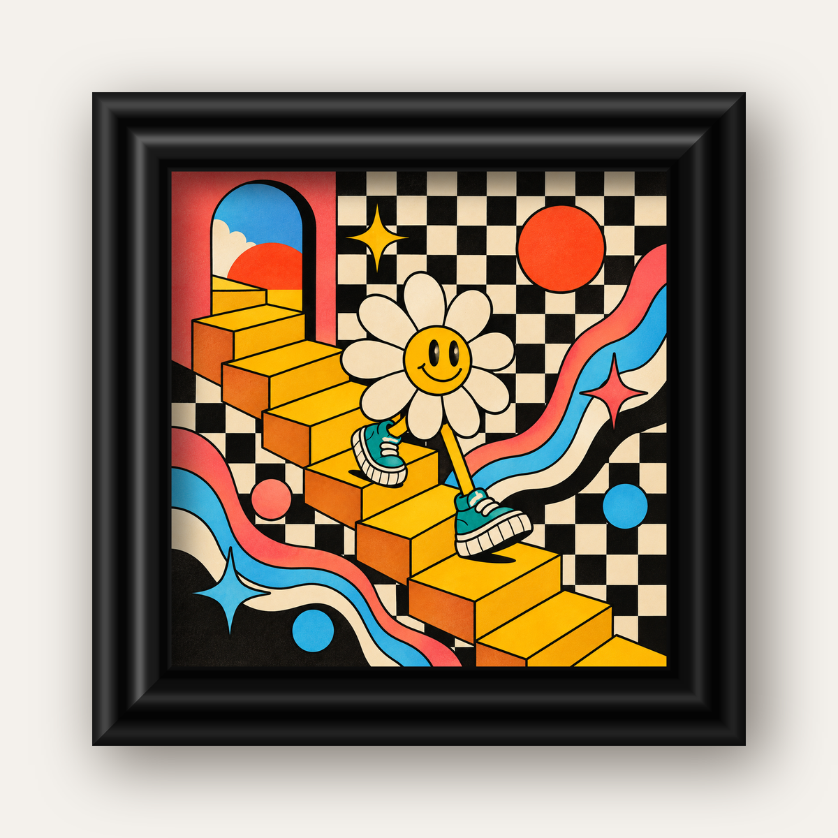 Retro Çizgi Stilde Sürreal Çiçekli Poster – Renkli Dijital Sanat — siyah galeri çerçeveli