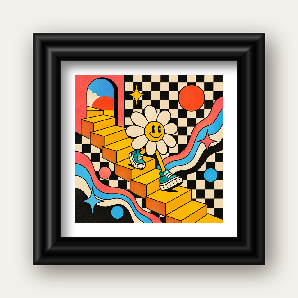 Retro Çizgi Stilde Sürreal Çiçekli Poster – Renkli Dijital Sanat — siyah galeri çerçeveli paspartulu