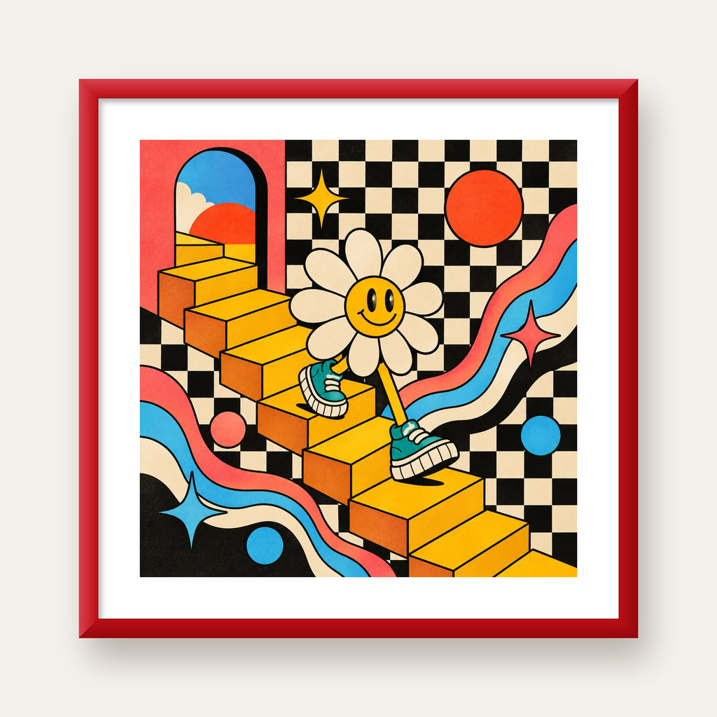 Retro Çizgi Stilde Sürreal Çiçekli Poster – Renkli Dijital Sanat — kırmızı çerçeveli paspartulu