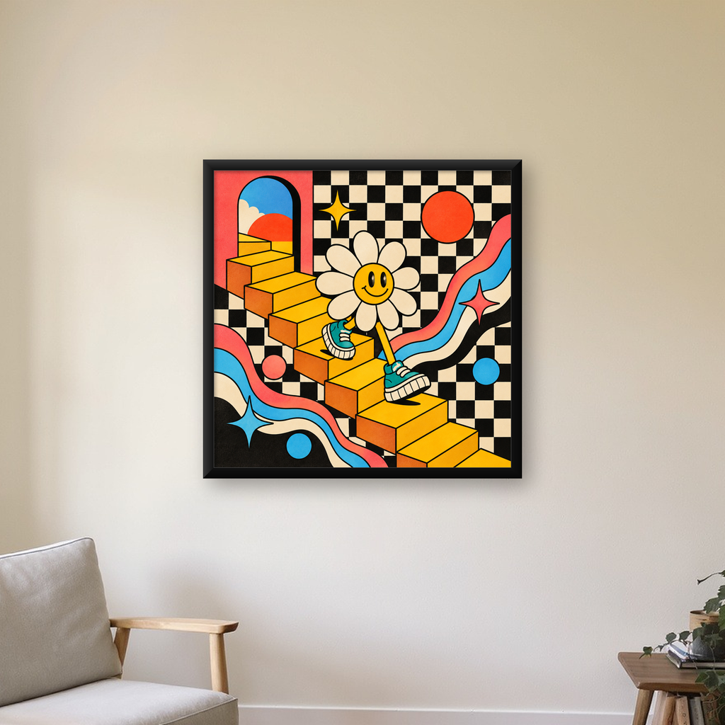 Retro Çizgi Stilde Sürreal Çiçekli Poster – Renkli Dijital Sanat — Kare baskı, çerçeveli hâliyle bir ev duvarında