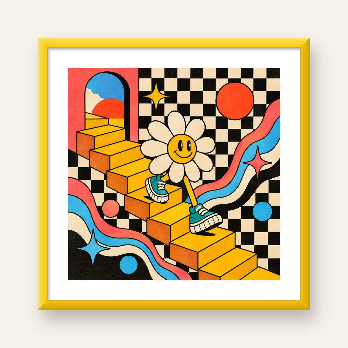 Retro Çizgi Stilde Sürreal Çiçekli Poster – Renkli Dijital Sanat — sarı çerçeveli paspartulu