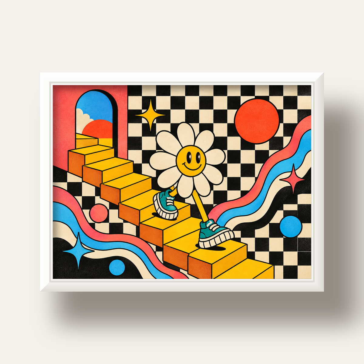 Retro Çizgi Stilde Sürreal Çiçekli Poster – Renkli Dijital Sanat — beyaz derin çerçeveli