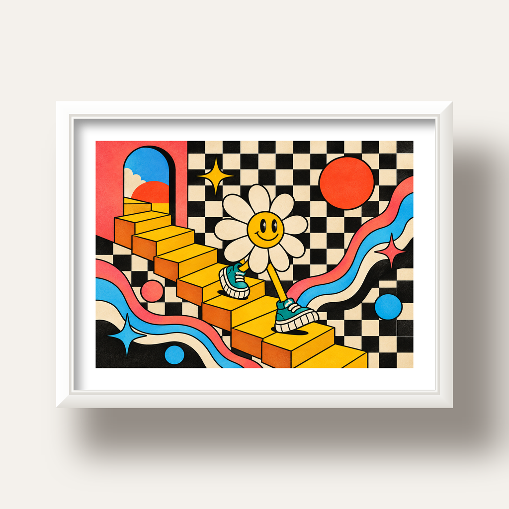 Retro Çizgi Stilde Sürreal Çiçekli Poster – Renkli Dijital Sanat — beyaz derin çerçeveli paspartulu