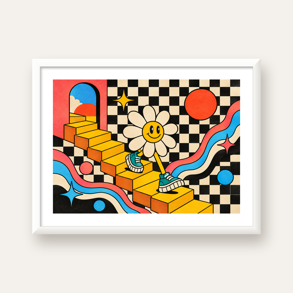 Retro Çizgi Stilde Sürreal Çiçekli Poster – Renkli Dijital Sanat — beyaz çerçeveli yatay poster