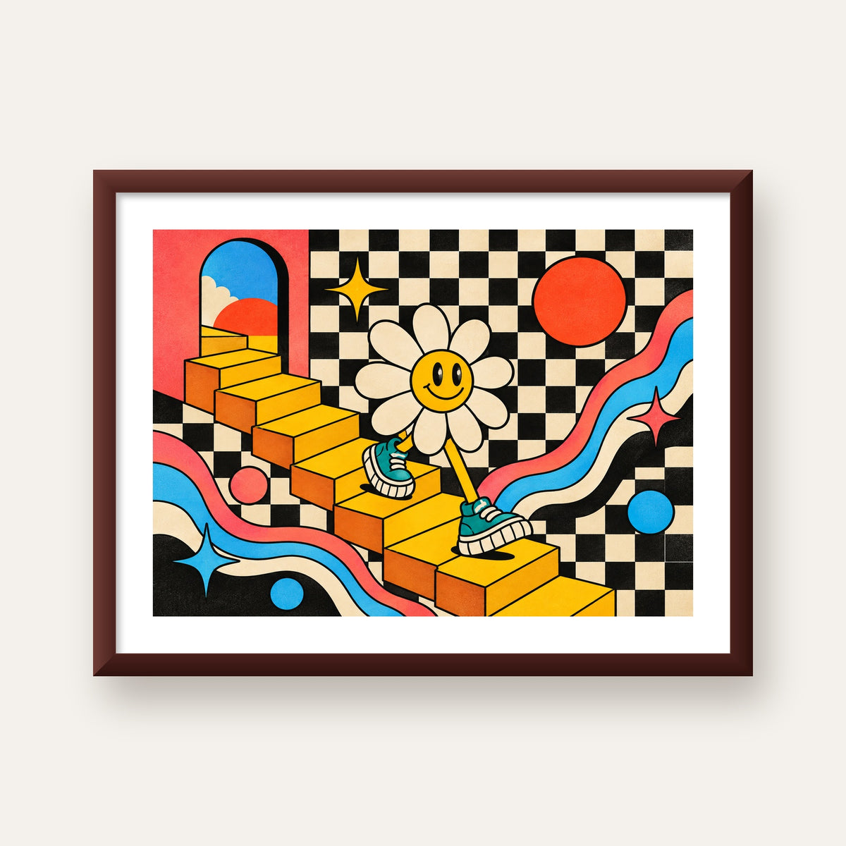 Retro Çizgi Stilde Sürreal Çiçekli Poster – Renkli Dijital Sanat — ceviz çerçeveli paspartulu