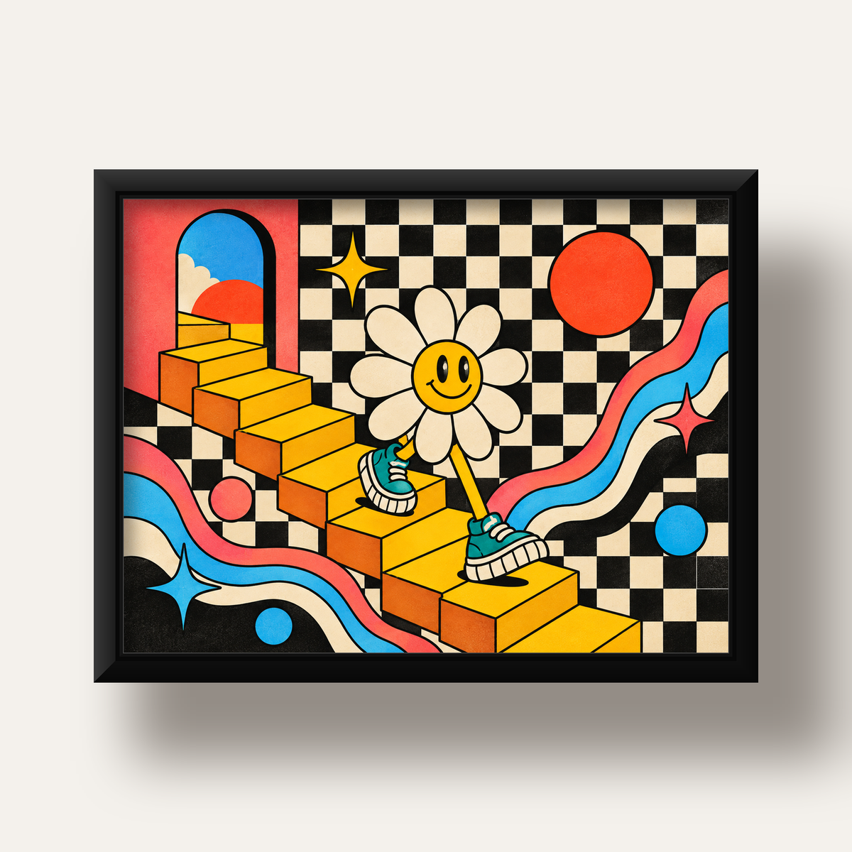 Retro Çizgi Stilde Sürreal Çiçekli Poster – Renkli Dijital Sanat — siyah derin çerçeveli