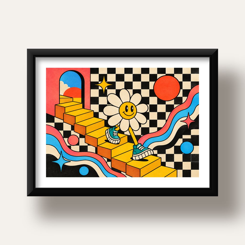 Retro Çizgi Stilde Sürreal Çiçekli Poster – Renkli Dijital Sanat — siyah derin çerçeveli paspartulu