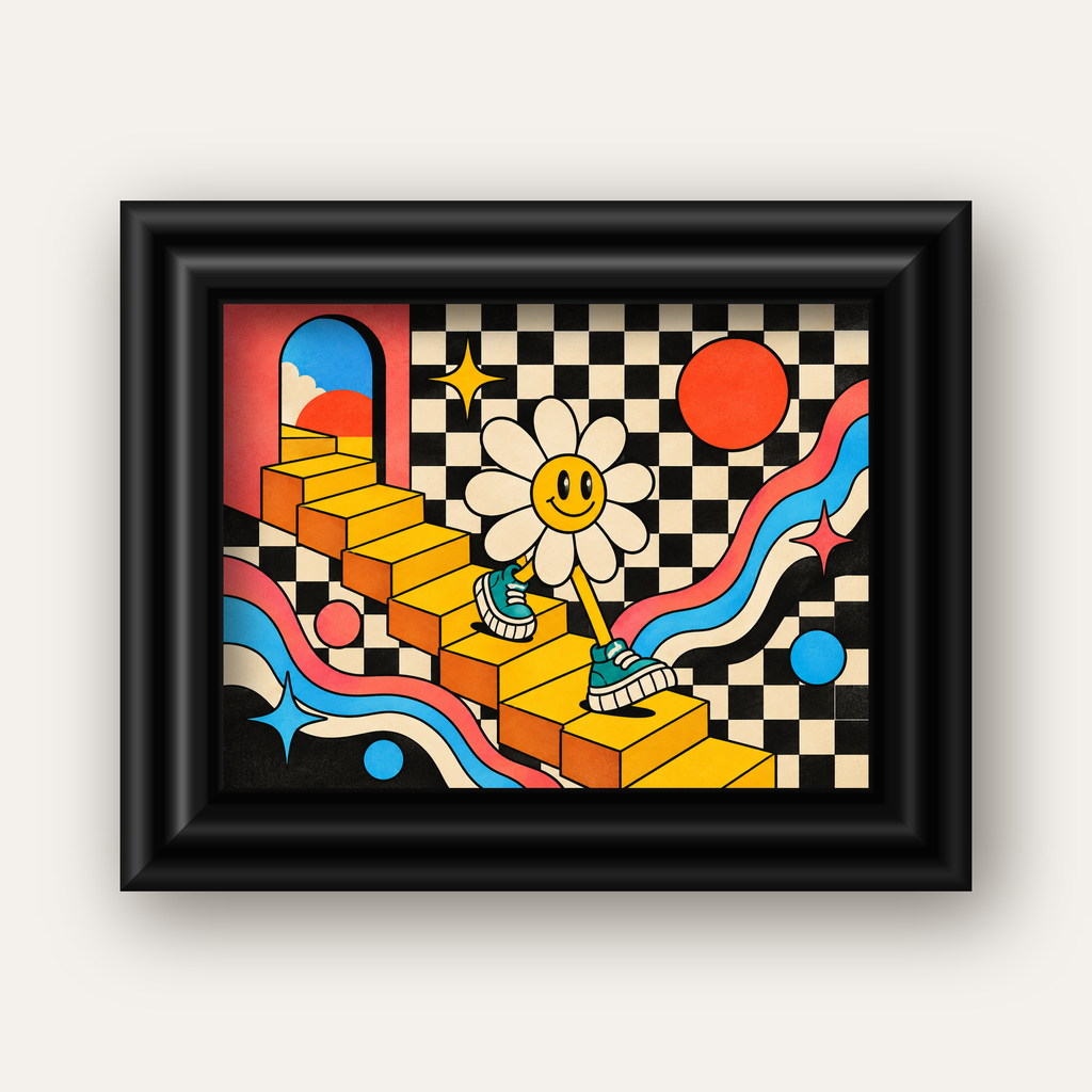 Retro Çizgi Stilde Sürreal Çiçekli Poster – Renkli Dijital Sanat — siyah galeri çerçeveli