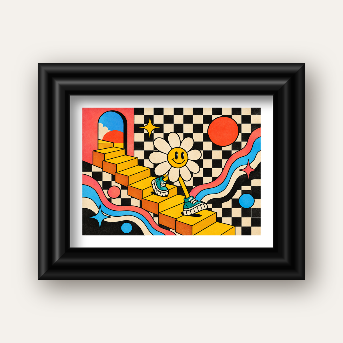 Retro Çizgi Stilde Sürreal Çiçekli Poster – Renkli Dijital Sanat — siyah galeri çerçeveli paspartulu