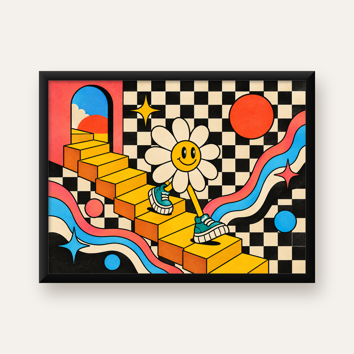 Retro Çizgi Stilde Sürreal Çiçekli Poster – Renkli Dijital Sanat — Yatay baskı, düz siyah çerçeveli duvar posteri