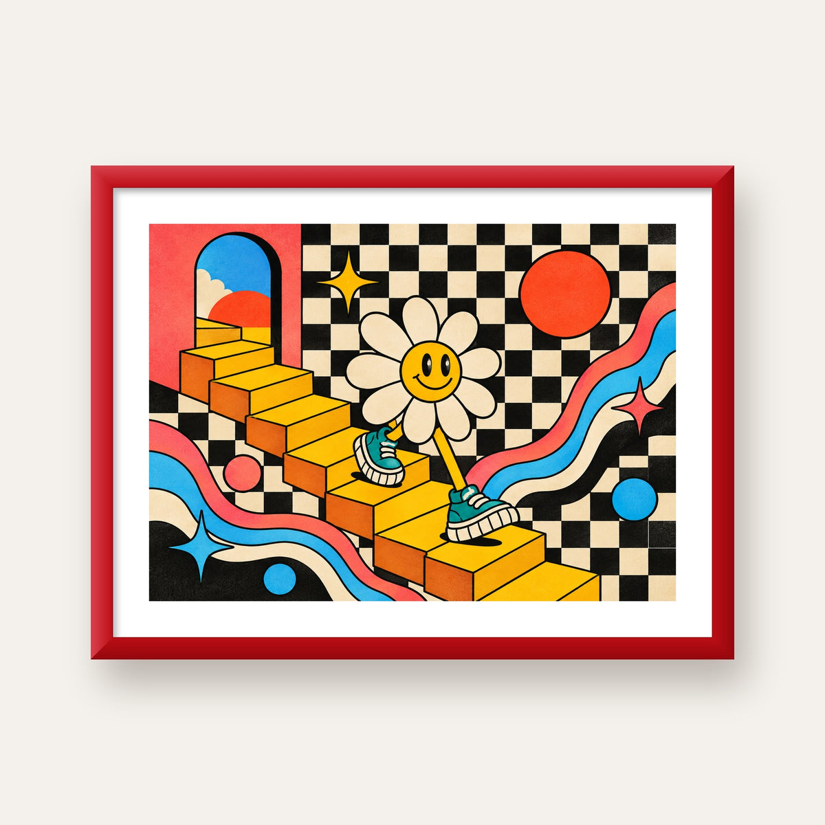 Retro Çizgi Stilde Sürreal Çiçekli Poster – Renkli Dijital Sanat — kırmızı çerçeveli paspartulu
