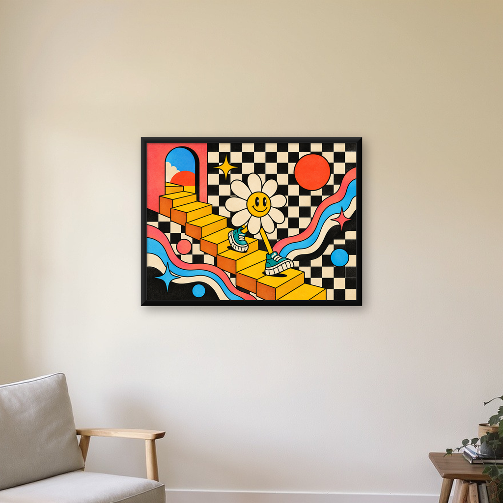 Retro Çizgi Stilde Sürreal Çiçekli Poster – Renkli Dijital Sanat — Yatay baskı, çerçeveli hâliyle bir ev duvarında