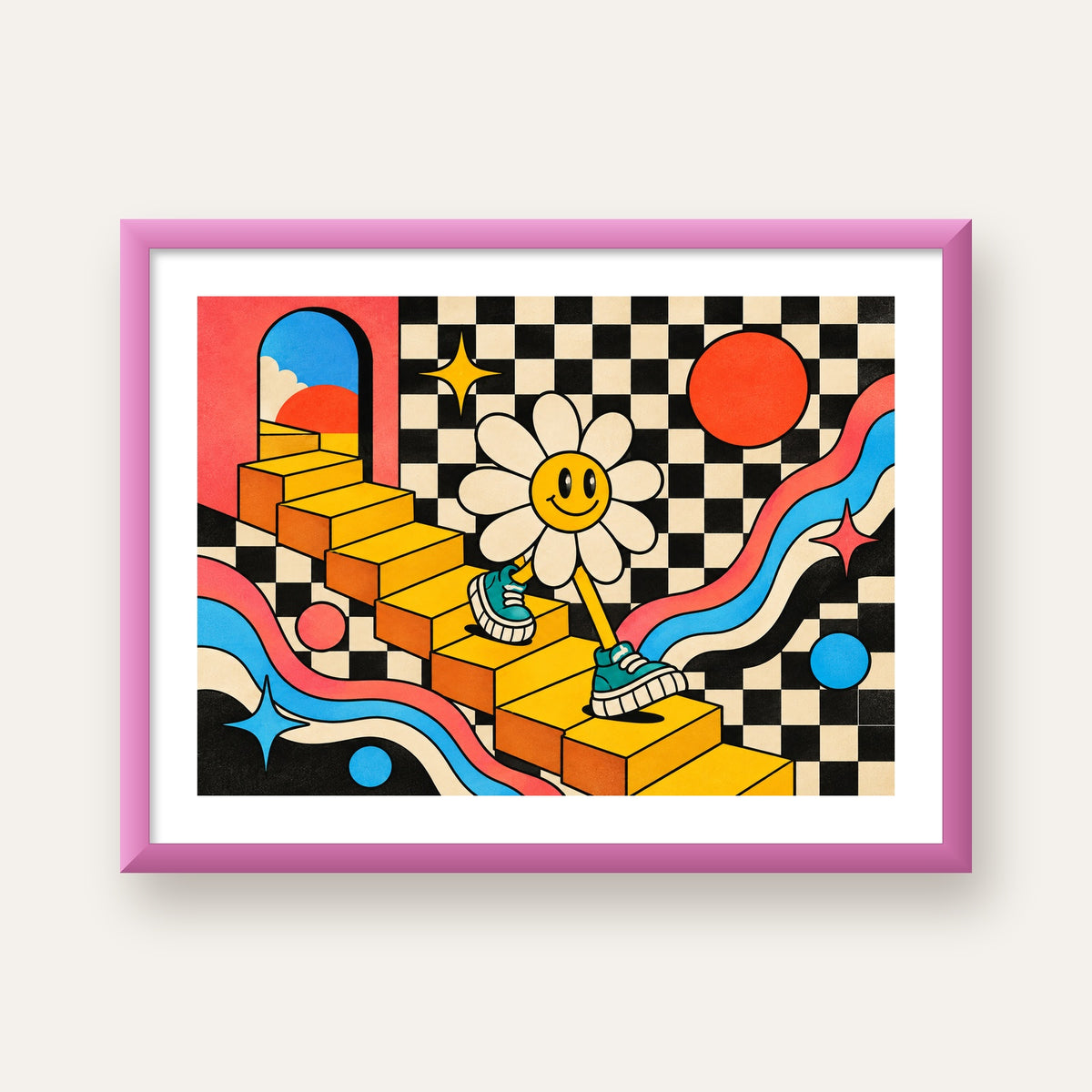 Retro Çizgi Stilde Sürreal Çiçekli Poster – Renkli Dijital Sanat — pembe çerçeveli paspartulu